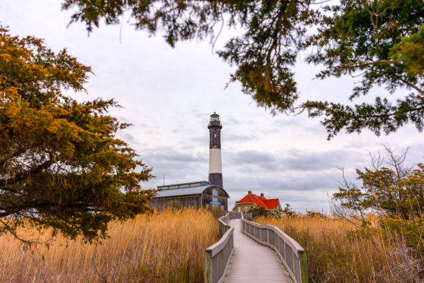 Boardwalk leading to a stone lighthouse framed by tall beach grass and trees. Fire Island, Long Island New York