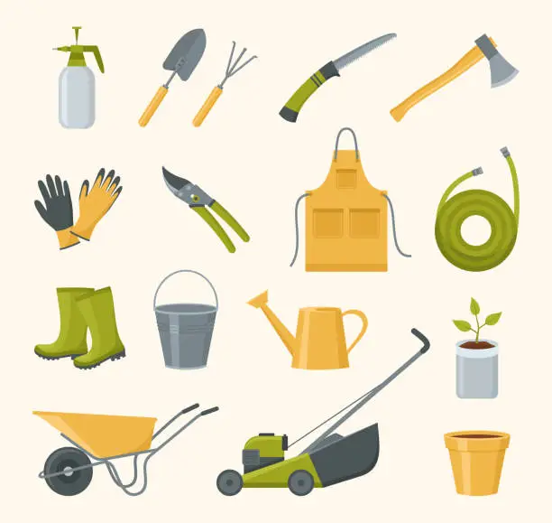Vector illustration of A set of garden tools. Gardening equipment and clothing. Vector illustration in flat style