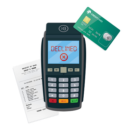 Declined credit card with wireless payment terminal machine vector illustration, isolated on white background.