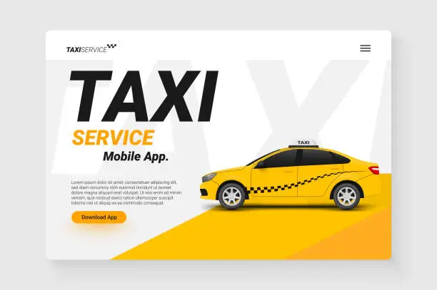 Vector illustration of Taxi service yellow cab passenger transportation mobile app ad landing page realistic vector