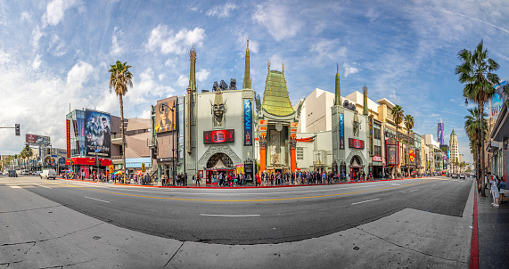 Los Angeles, USA - March 5, 2019: street view of Hollywood boulevard with madame tussauds theater and other landmarks.