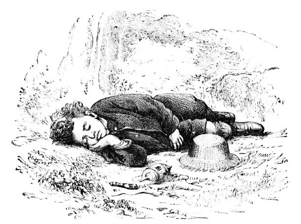 A boy  with toys by him is asleep outside on the ground. Illustration published 1889. Original edition is from my own archives. Copyright has expired and is in Public Domain.