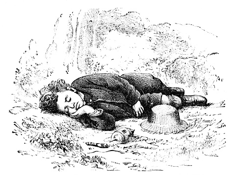 A boy  with toys by him is asleep outside on the ground. Illustration published 1889. Original edition is from my own archives. Copyright has expired and is in Public Domain.