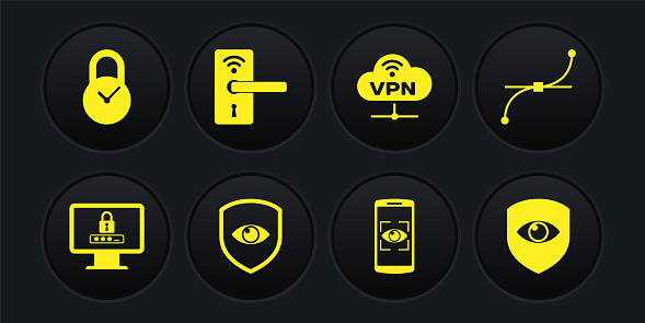 Set Monitor with password Bezier curve Shield and eye Mobile scan VPN Network cloud connection and Digital door lock wireless icon. Vector.