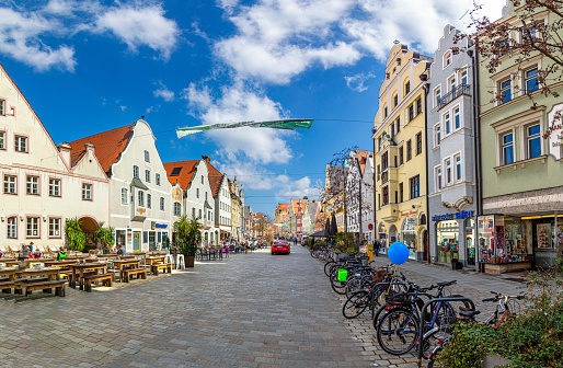 Ingolstadt, Germany - April 6, 2019: view to old town of Ingolstadt with half timbered historic houses downtown and beautiful renovated facades.