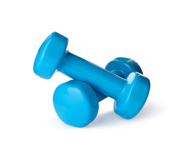 istock Light blue dumbbells on white background. Weight training equipment 1477905610