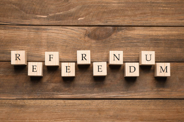 istock Word Referendum of cubes on wooden table, flat lay 1477907239