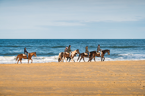 People ride horses on the beach in Virginia Beach, Virginia , USA on a sunny day.