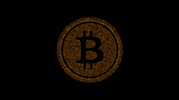 Bitcoin sign from blinking particles. Cryptocurrency, virtual money glittering symbol