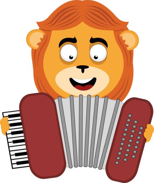 ilustrações de stock, clip art, desenhos animados e ícones de vector head lion feline animal playing musical instrument accordion - safari animals audio