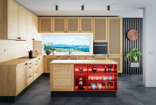 Modern and retro apartment interior kitchen. Kitchen with wooden cabinets. Natural oak texture material. Modern furniture. Kitchen island in red color with LED lights. 3d renderings.