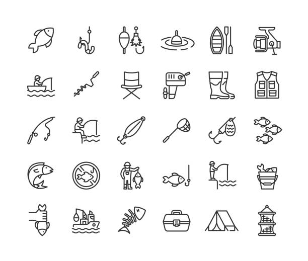Fishing Line Icons. Editable Stroke. Fishing Line Icons. Editable Stroke. Vector illustration. hook equipment stock illustrations