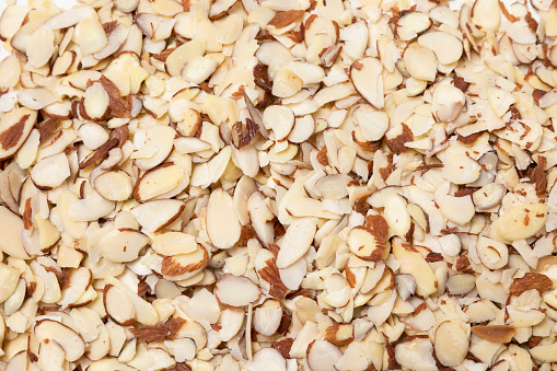Heap of sliced almonds seen from above