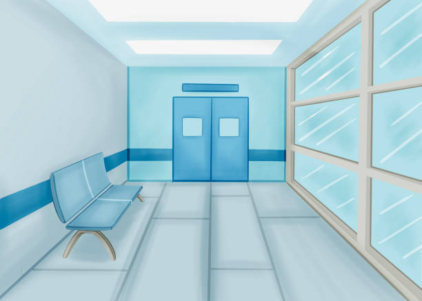 istock Hospital corridor waiting hall with information board chairs doors and wheelchair empty no people clinic interior flat horizontal banner. 1477925352