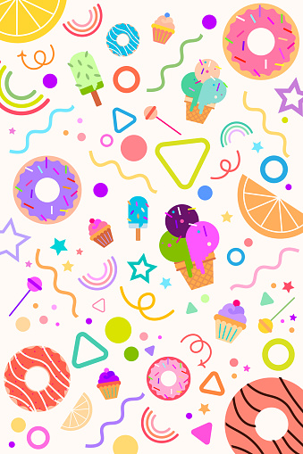Pattern illustration of sweet foods, doughnut, cup cake, lollipop, ice cream. Vector, flat, bright colors.