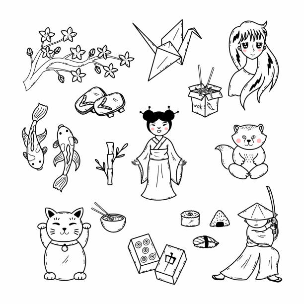 ilustraciones, imágenes clip art, dibujos animados e iconos de stock de cultura japonesa. conjunto de iconos de garabatos sobre el tema de japón. samurai, kimono, origami y suerte de gatito. - chica kimono del anime