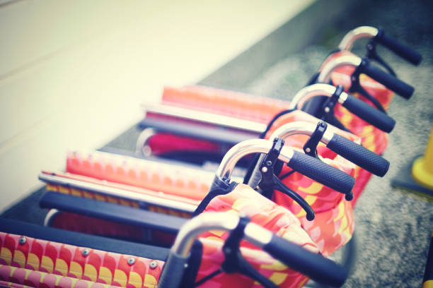 Rows of red wheelchair handles