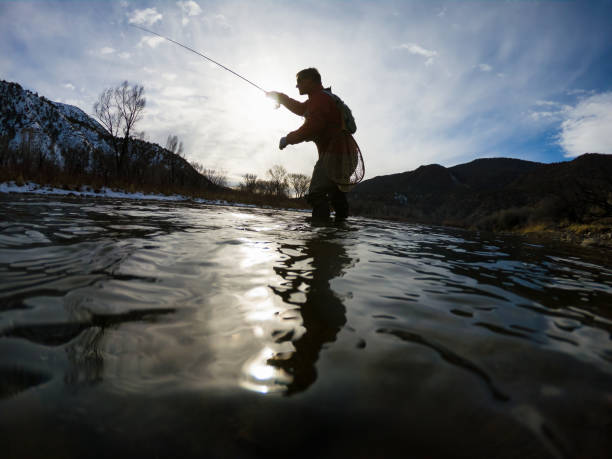 istock Man Fly Fishing Along River Low Angle View 1477931400