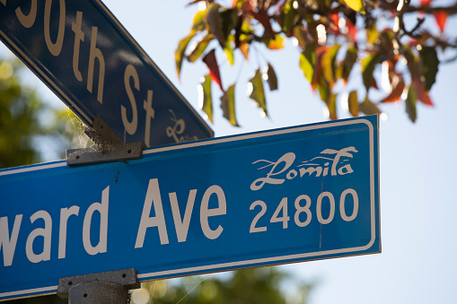 Lomita, California, USA - November 25, 2022: Afternoon sun shines on a Lomita street sign.