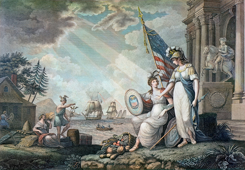 This illustration depicts an allegorical representation of America as a female figure dressed in classical attire, accompanied by Roman deities Minerva, Ceres, and Mercury, symbolizing wisdom, commerce, and agriculture respectively. 
On the right side of the illustration is a triumphal arch celebrating the victories of the War of 1812, and an equestrian statue of George Washington. The beehive and cornucopia symbolize industry and prosperity, while a woman spinning represents domestic work. 
The illustration reflects the romantic notion of the United States as the inheritor of the ancient Roman republic, pride in military victory, and glorification of domestic production, which fostered the idea that the young nation was on the cusp of an 