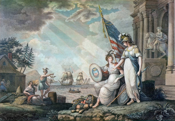 America Guided by Wisdom This illustration depicts an allegorical representation of America as a female figure dressed in classical attire, accompanied by Roman deities Minerva, Ceres, and Mercury, symbolizing wisdom, commerce, and agriculture respectively. 
On the right side of the illustration is a triumphal arch celebrating the victories of the War of 1812, and an equestrian statue of George Washington. The beehive and cornucopia symbolize industry and prosperity, while a woman spinning represents domestic work. 
The illustration reflects the romantic notion of the United States as the inheritor of the ancient Roman republic, pride in military victory, and glorification of domestic production, which fostered the idea that the young nation was on the cusp of an "era of good feelings." woman beehive stock illustrations