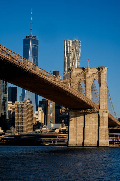 brooklyn, ny - états-unis - 26 mars 2023 vue au lever du soleil sur lower manhattan, avec le pont de brooklyn, le world trade center et frank gehrys 8 spruce street, vue de l’autre côté de l’east river à brooklyn. - editorial suspension bridge street river photos et images de collection