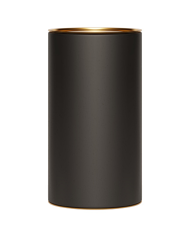 Black kraft paper tube package with golden lid mockup on white. Blank carton circular box with texture. Cylindrical container with cap for product branding. 3D realistic vector illustration