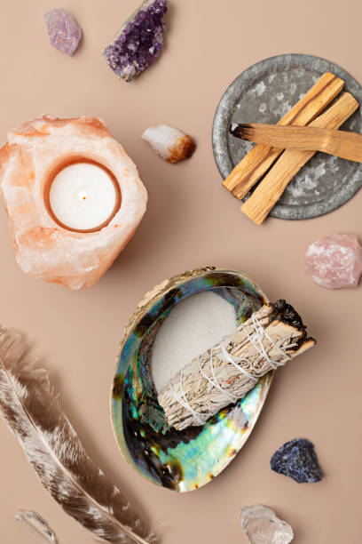 istock Smudge kit with white sage, palo santo, himalayan salt candle holder. Natural elements for wellbeing, elements for cleansing environment from negative energy, adding positive vibes. Spiritual practices 1477940934