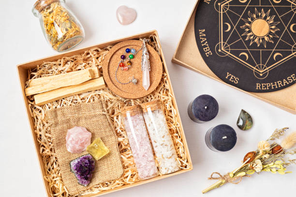 istock DIY gift box for wicca, witchcraft lovers. Crystals, witch accessories, pendulum board for divination and fortune telling. Mystic, esoteric, occult  present idea 1477940961