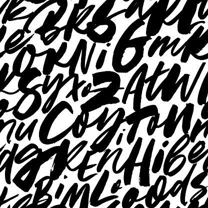 Handwritten alphabet letters seamless pattern. Brush drawn vector unreadable text. Lowercase and uppercase letters. Black and white abstract typography background. Modern brush calligraphy.