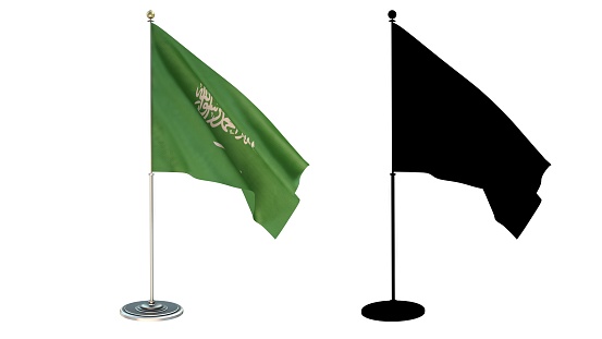 3D illustration of  Saudi Arabia Flag Desktop Small pole White background via an Alpha Channel of great precision.