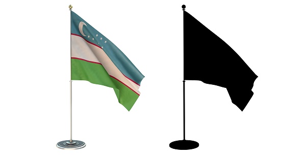 3D illustration of  Uzbekistan Flag Desktop Small pole White background via an Alpha Channel of great precision.