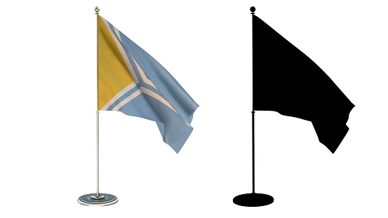 3D illustration of  Tuva Flag Desktop Small pole White background via an Alpha Channel of great precision.
