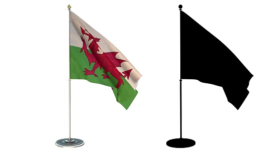 3D illustration of  Wales Flag Desktop Small pole White background via an Alpha Channel of great precision.