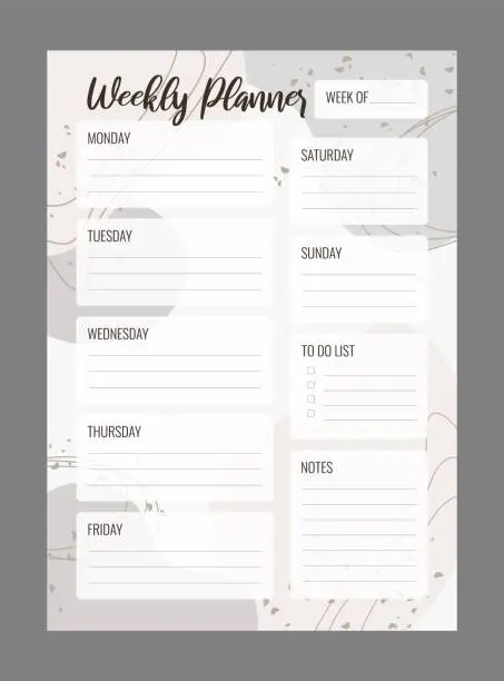 Vector illustration of Weekly planner printable vector template. Blank organizer page A4, A5.  Business schedule page for a week for effective planning. Personal notebook. Paper sheet. White background.