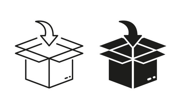 Put in Carton Parcel Box Delivery Service Silhouette and Line Icon Set. Packing Cardboard Pointing Arrow Inside Pictogram. Distribution Container Sign. Editable Stroke. Isolated Vector Illustration Put in Carton Parcel Box Delivery Service Silhouette and Line Icon Set. Packing Cardboard Pointing Arrow Inside Pictogram. Distribution Container Sign. Editable Stroke. Isolated Vector Illustration. put down stock illustrations