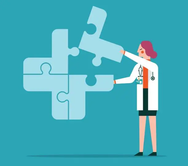 Vector illustration of putting puzzle pieces - female doctor