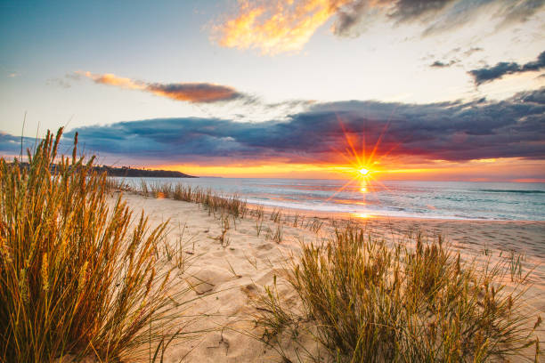 strahlender sonnenaufgang über dem strand mit gewitterwolken - coastal sunrise stock-fotos und bilder
