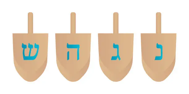 Vector illustration of Hanukkah Wooden Dreidel Four Sides