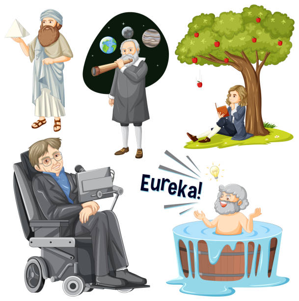 ilustraciones, imágenes clip art, dibujos animados e iconos de stock de conjunto de personas famosas en la ciencia - professor teacher scientist expertise