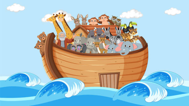 illustrazioni stock, clip art, cartoni animati e icone di tendenza di arca di noè con animali - ark cartoon noah animal