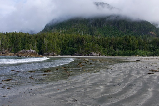 Waves crash on beach that has wavy pattern, fog shrouded, forest clad mountain behind,  Nuchatlitz Provincial Park, Nootka Island, British Columbia