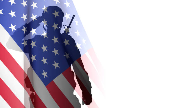 сша солдат с национальным флагом на белом фоне - saluting veteran armed forces military stock illustrations