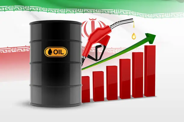 Vector illustration of Oil barrel with fuel pump and chart with flag of Iran. Oil industry concept