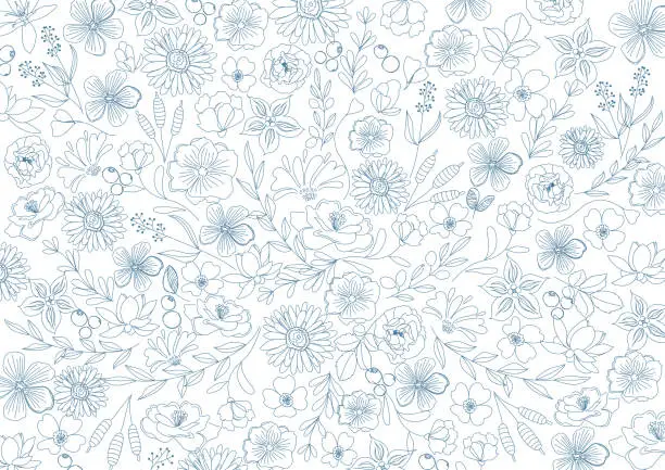 Vector illustration of Floral background with hand drawn flowers and leaves. Vector illustration.