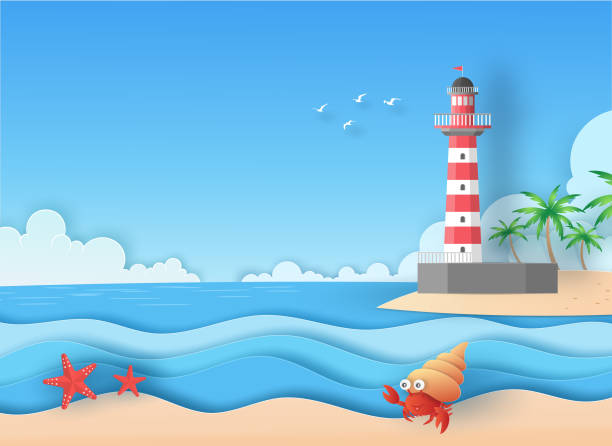 Landscape view on the beach looking to the red and white lighthouse on island, coconut trees, blue sea, clouds, blue sky, birds and hermit crab in summer vector paper art concept. Landscape view on the beach looking to the red and white lighthouse on island, coconut trees, blue sea, clouds, blue sky, birds and hermit crab in summer vector paper art concept. hermit crab stock illustrations