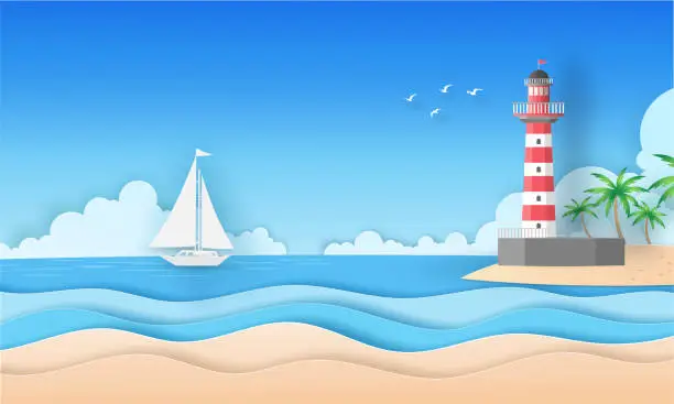 Vector illustration of Landscape view on the beach looking to the red and white lighthouse on island, coconut trees, blue sea, clouds, blue sky, birds and white boat in summer vector paper art concept.