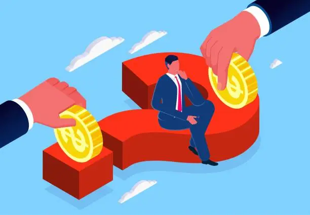 Vector illustration of Investment problems and questions, investment forecasts and uncertainties, isometric two hands holding gold coins on the question mark and the businessman sitting on the question mark