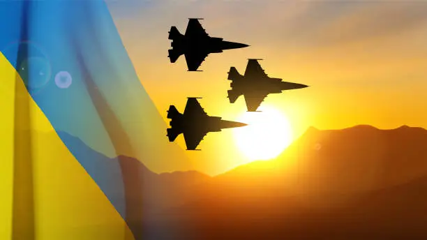 Vector illustration of Military aircraft against the sunset and Ukraine flag