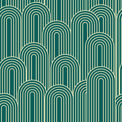 Abstract art deco green geometric line arch shape seamless pattern background